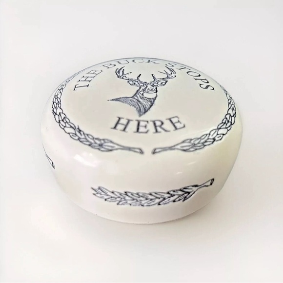 ‘The Buck Stops Here’ Scrimshaw Style Resin Paperweight Felt Bottom 2.5” Round - Picture 2 of 7
